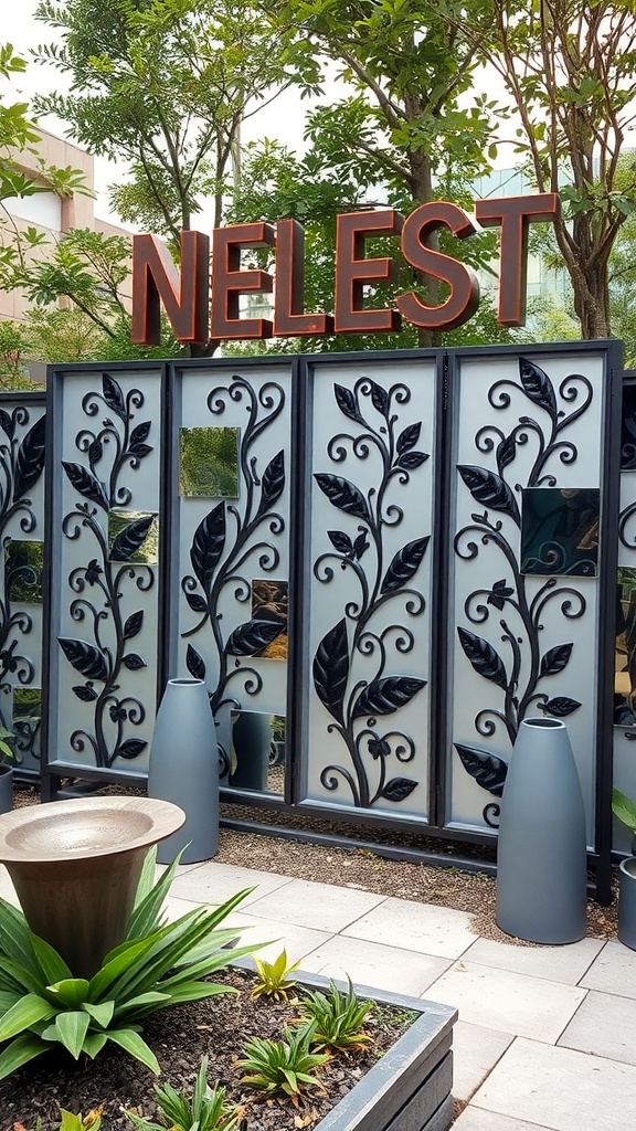 Decorative metal panel fence with leaf patterns and a modern design in a garden setting
