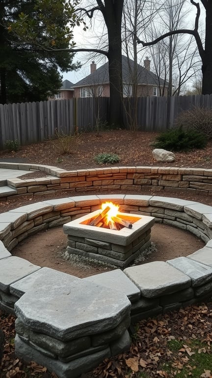 A sunken fire pit surrounded by stone walls, with a small fire burning in the center.