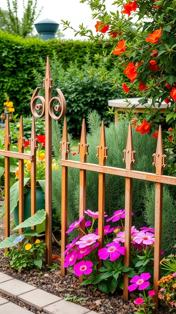 A rustic metal fence with pointed tops and swirling accents, surrounded by colorful flowers in a garden.