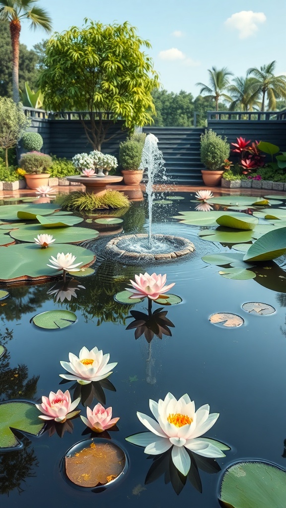 A serene garden pond with a fountain and floating lotus flowers.