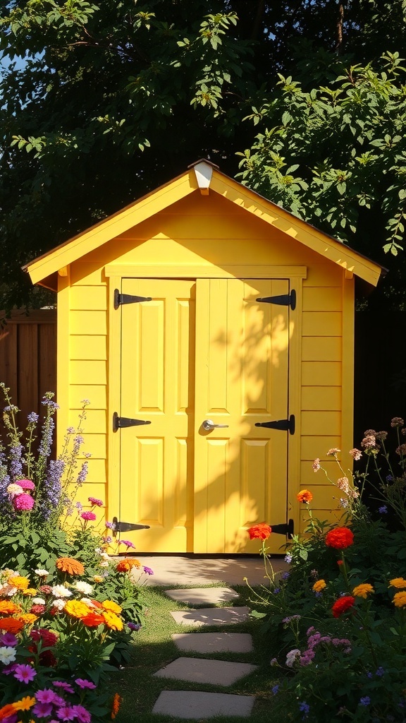 A bright yellow garden shed surrounded by colorful flowers and a stone pathway.
