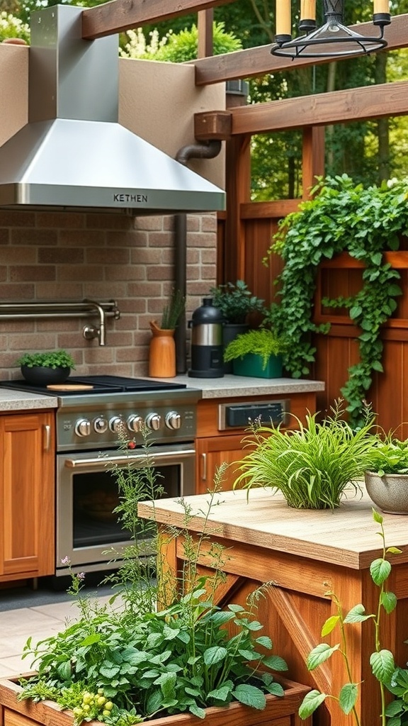 An outdoor kitchen featuring modern appliances and a vibrant herb garden integrated into the design.