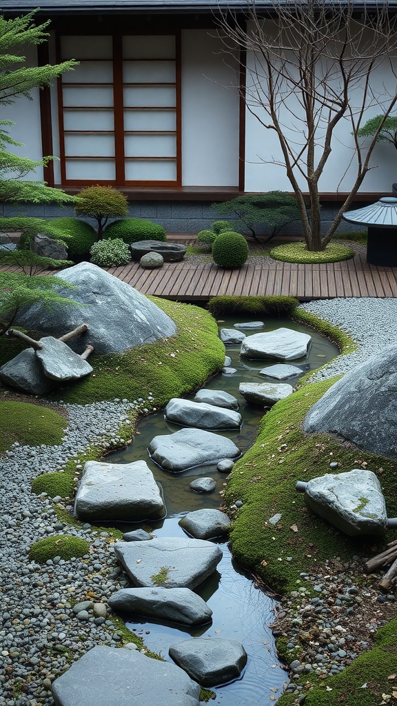 A serene Japanese Zen garden featuring a stream, smooth stones, and lush greenery.