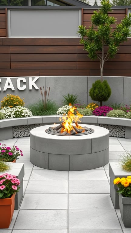 A modern concrete fire pit surrounded by colorful planters and flowers.