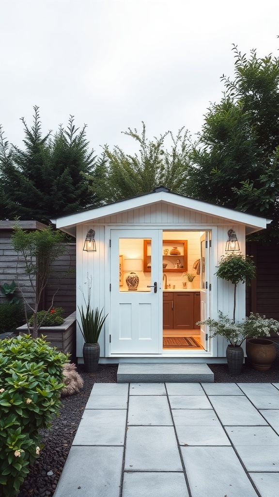 A chic white garden shed with modern lighting fixtures, surrounded by greenery and a stone pathway.