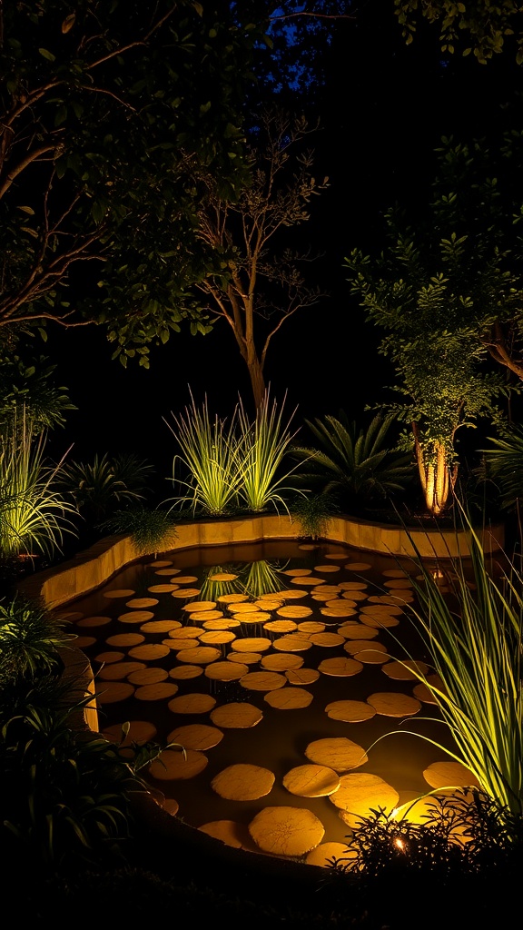 A beautifully lit garden pond surrounded by lush greenery at night.
