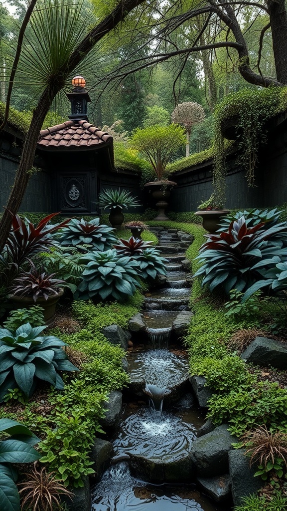 A Gothic garden featuring a mysterious stream, lush plants, and striking statues.