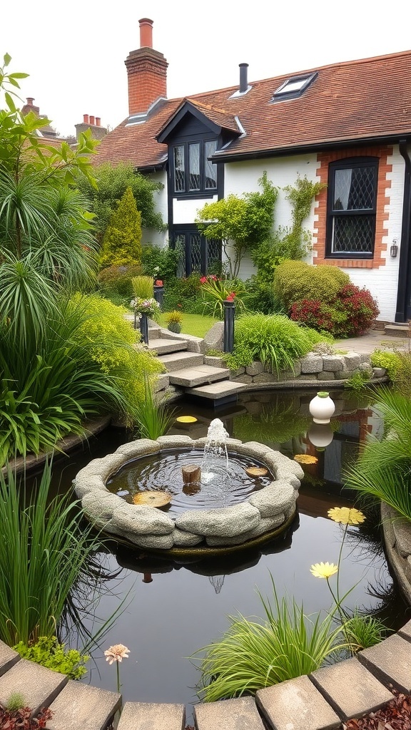 A tranquil pond with a fountain surrounded by lush greenery and flowers in a cottage front garden.