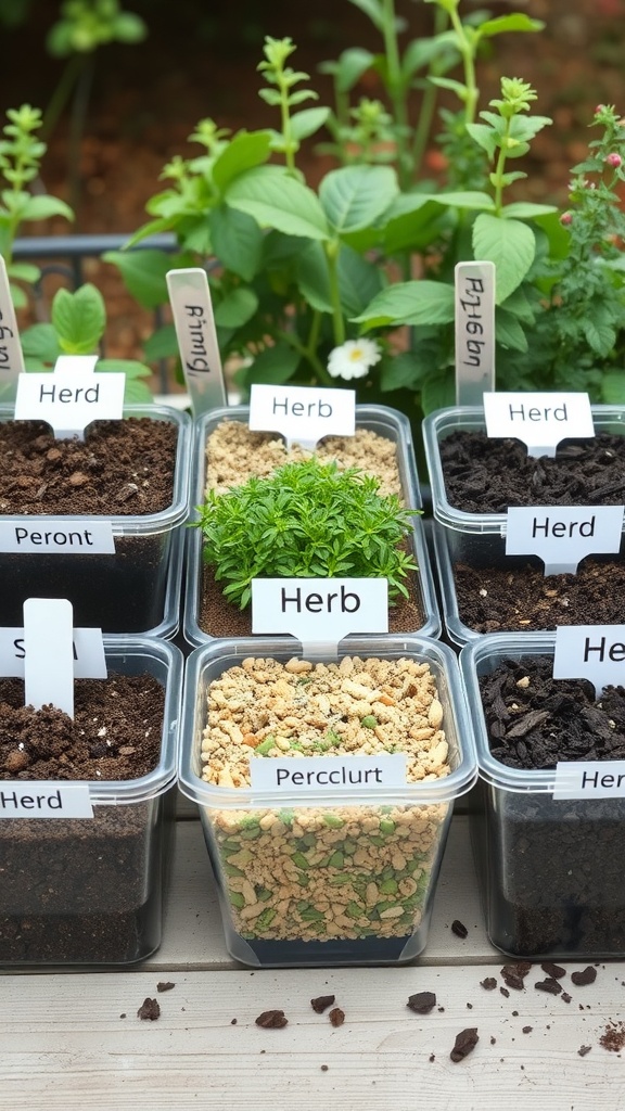 Containers with different soil types labeled for herb gardening