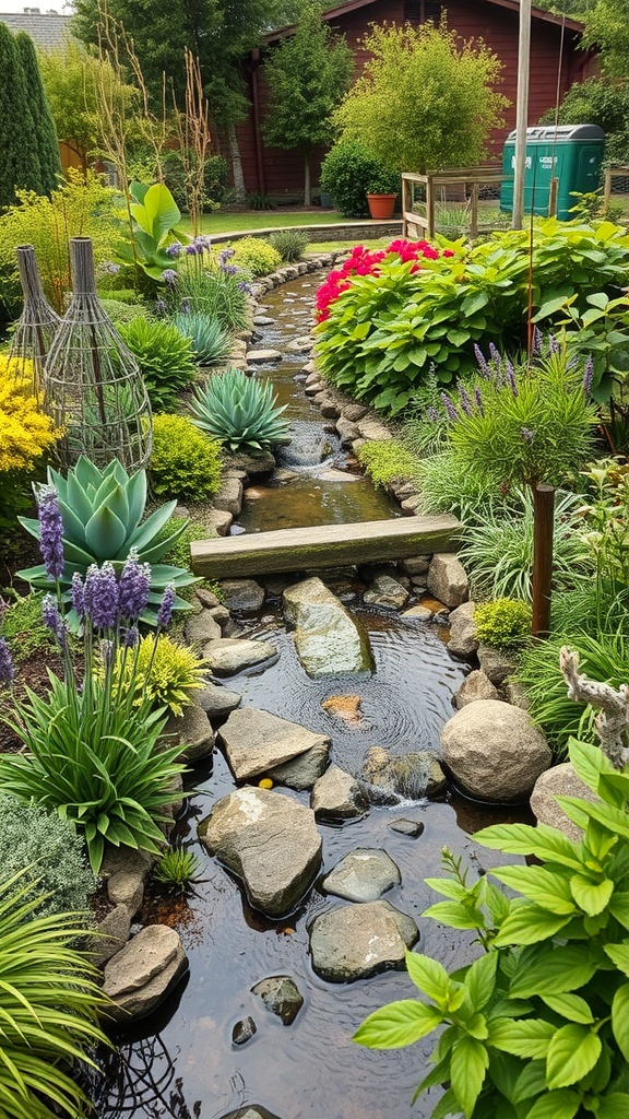 A beautiful garden with a winding stream, surrounded by colorful plants and rocks.