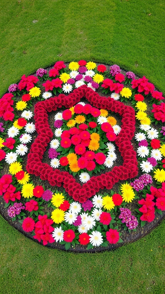 A circular flower arrangement featuring vibrant red, yellow, and white flowers set against a green lawn.