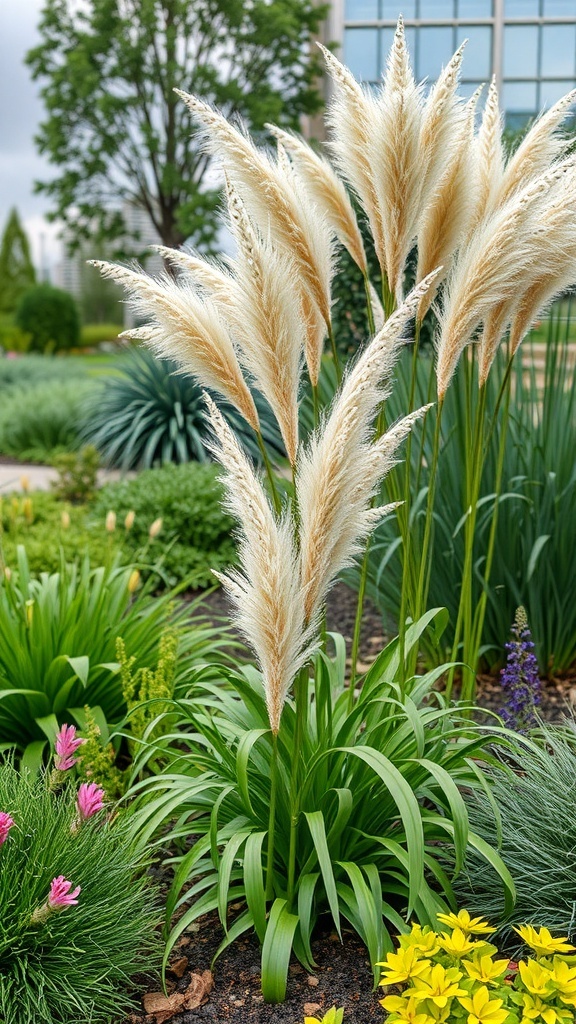 A garden featuring tall pampas grass with feathery plumes surrounded by colorful flowers.
