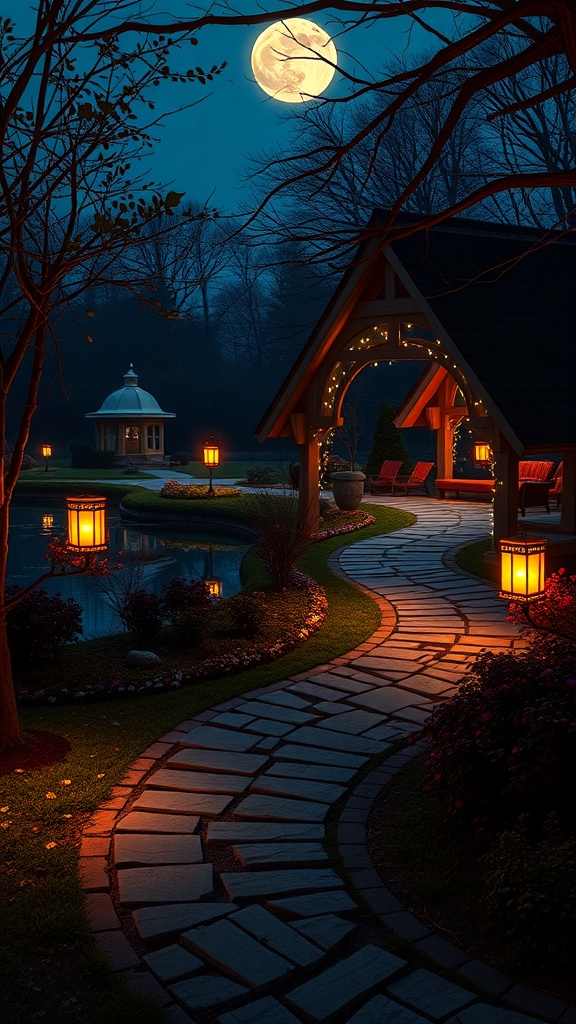 A moonlit garden pathway leading to a pond, illuminated by lanterns and surrounded by flowers.