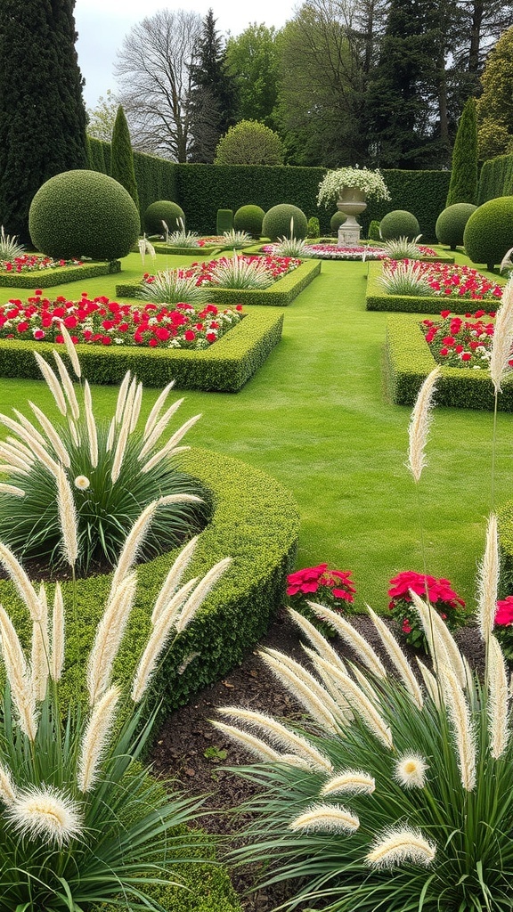 A formal garden featuring structured grass borders, ornamental grasses, and vibrant flower beds.