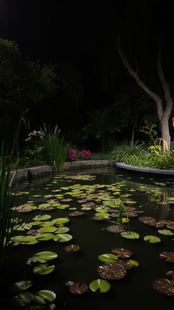 A serene garden pond at night with lily pads and surrounding plants.