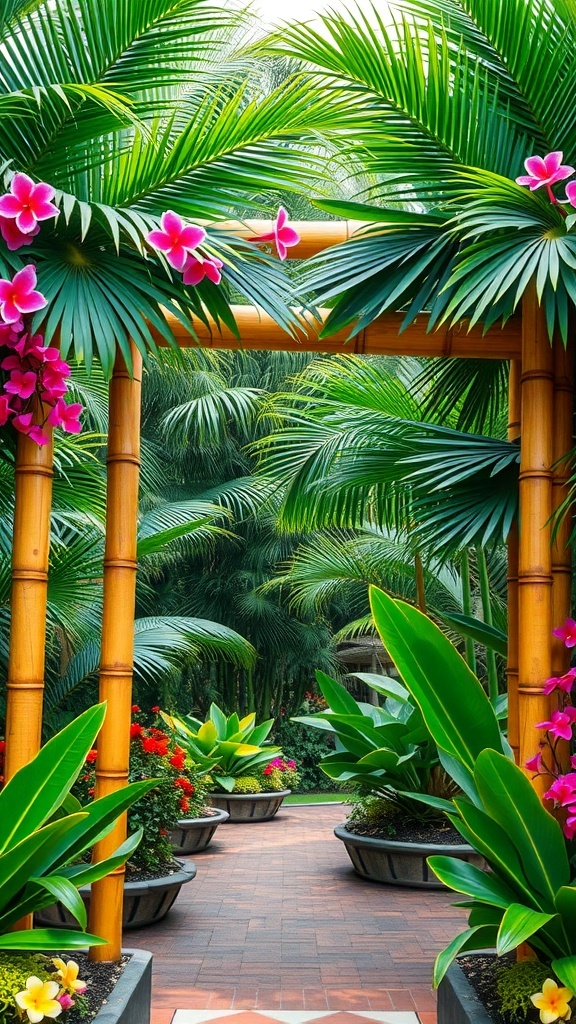 A tropical bamboo archway surrounded by lush greenery and colorful flowers.
