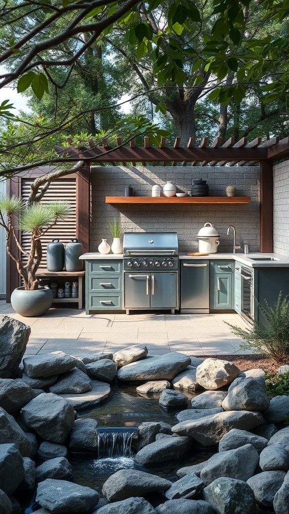 A serene outdoor kitchen with a grill, stone features, and lush greenery.