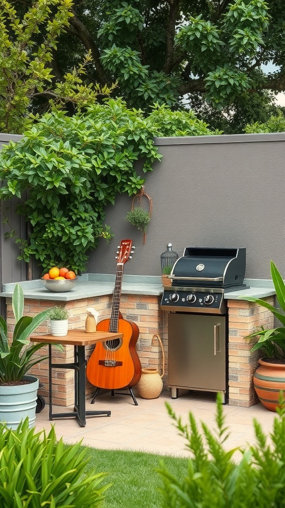 A compact outdoor kitchen featuring a grill, small wooden table, and plants, creating a cozy cooking space.