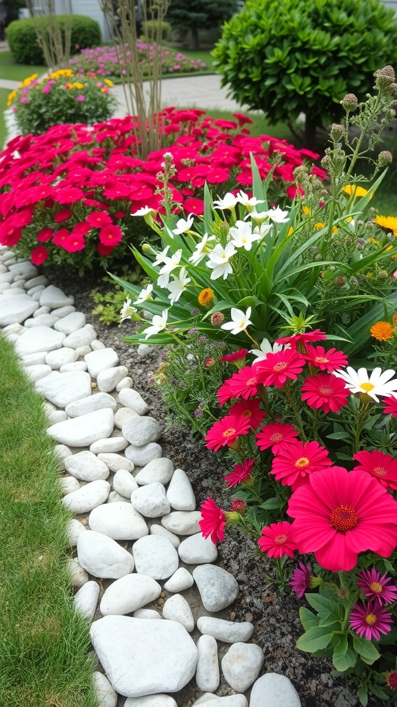 A garden with vibrant flowers bordered by smooth white stones.