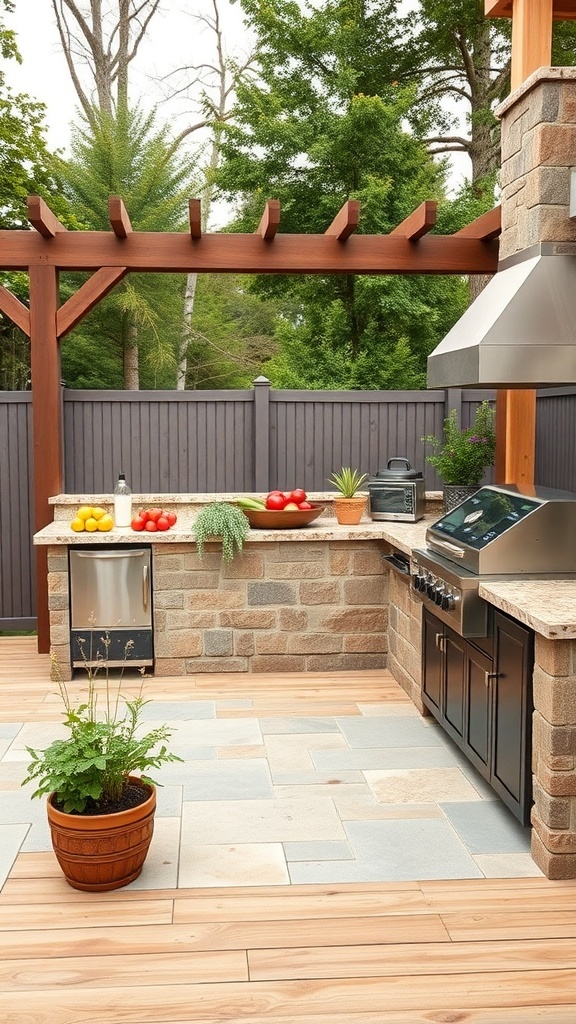 Outdoor kitchen featuring natural stone countertops with a wooden deck and greenery.