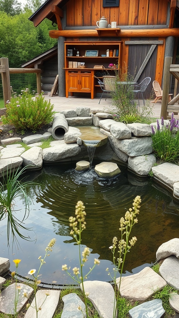 A rustic garden pond with a natural stone fountain surrounded by flowers and a wooden structure.