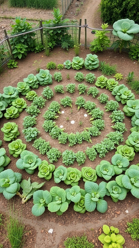 A circular vegetable patch featuring various greens arranged in a spiral design.