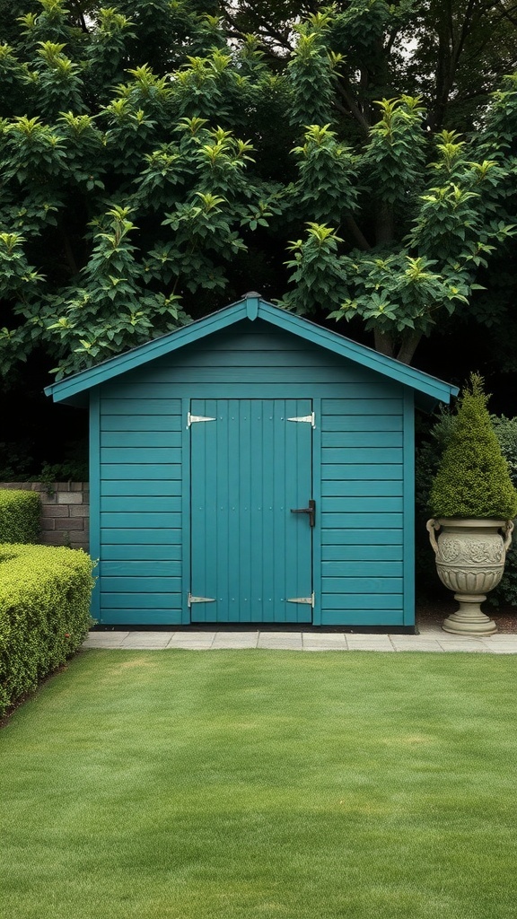 A deep teal garden shed surrounded by lush greenery and well-maintained hedges.