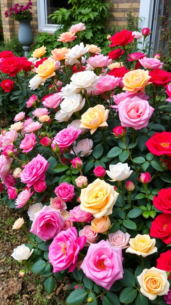 A vibrant display of roses in various colors, including red, pink, and white, in a garden setting.