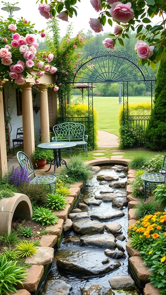 A vintage garden featuring a stone stream, vibrant flowers, and elegant seating.