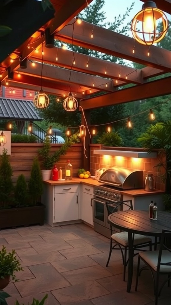 Cozy outdoor kitchen with a pergola adorned with string lights, featuring a grill and a dining area.