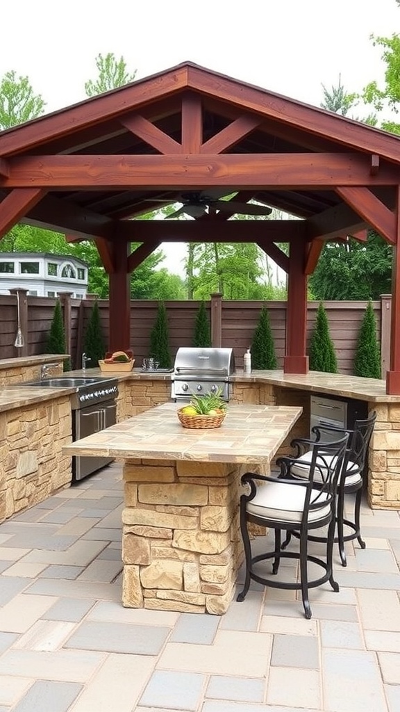 A small outdoor kitchen featuring a stone countertop and built-in seating with stylish chairs under a wooden gazebo.
