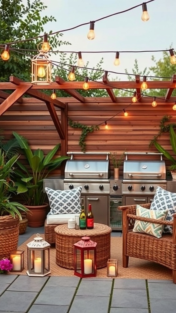 A beautifully decorated garden BBQ area featuring grills, cozy seating, and warm lighting.
