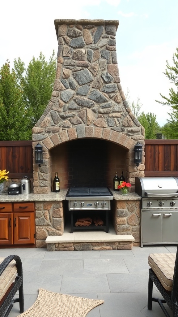 Outdoor kitchen featuring a rustic stone fireplace with a grill and counter space.