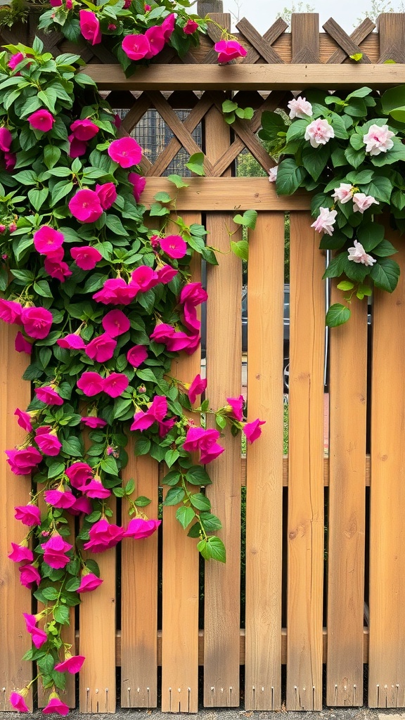 A wooden fence with a lattice top adorned with vibrant pink climbing flowers.