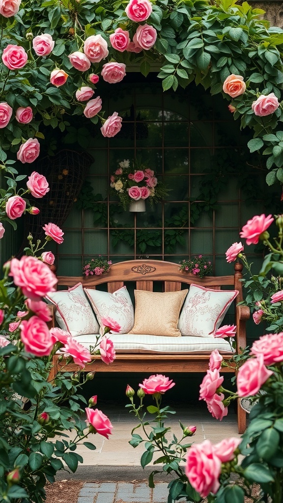 A cozy wooden bench surrounded by blooming pink roses, creating a charming garden seating area.