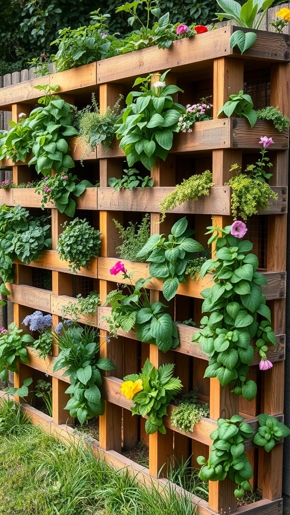 Vertical garden made with wooden crates filled with various plants and flowers.