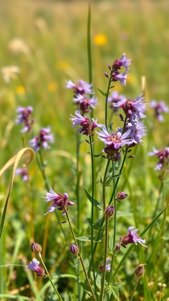 Wild Bergamot flowers with purple petals in a green field