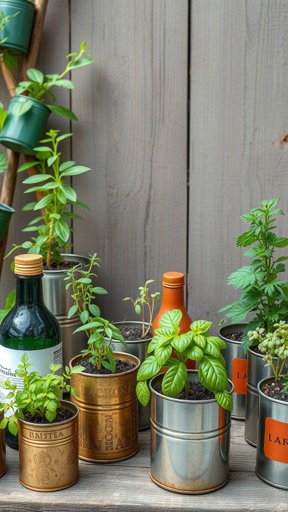 A variety of herbs in containers, including basil and mint, arranged on a wooden surface.