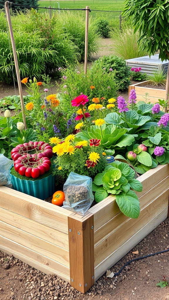 A rustic wooden raised bed filled with colorful flowers and vegetables, set against a lush green background.