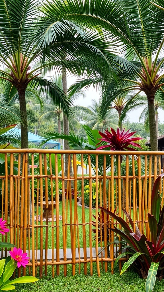 A bamboo fence surrounded by tropical plants and palm trees in a garden setting.