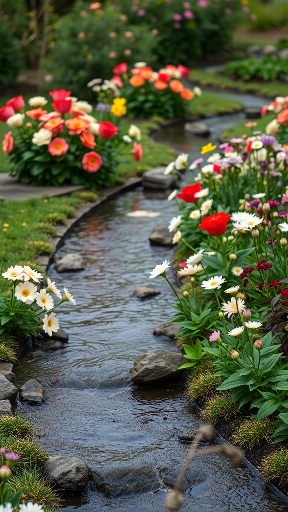 A colorful garden with a stream flowing through it, surrounded by various flowers.