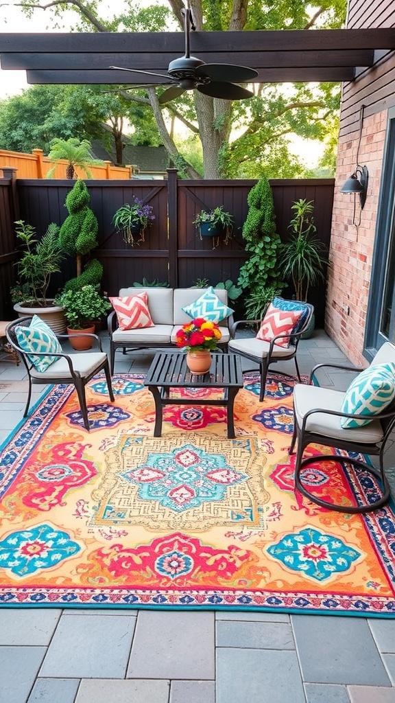 A colorful outdoor rug on a patio with seating and plants.