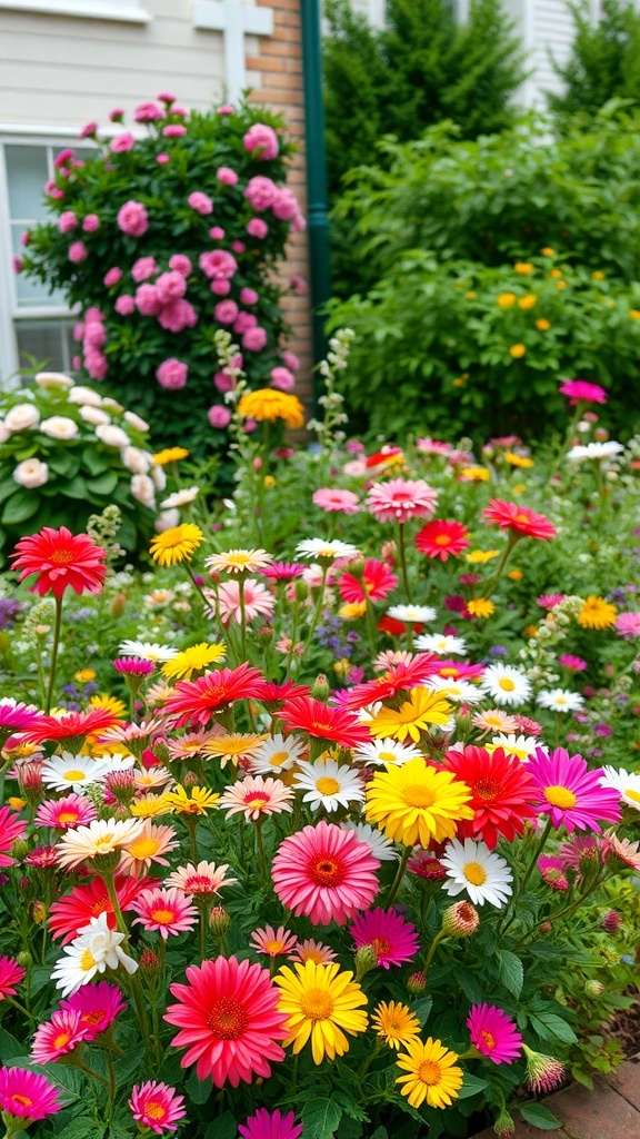 Colorful flower beds with pink, yellow, and white flowers in a cottage front garden.
