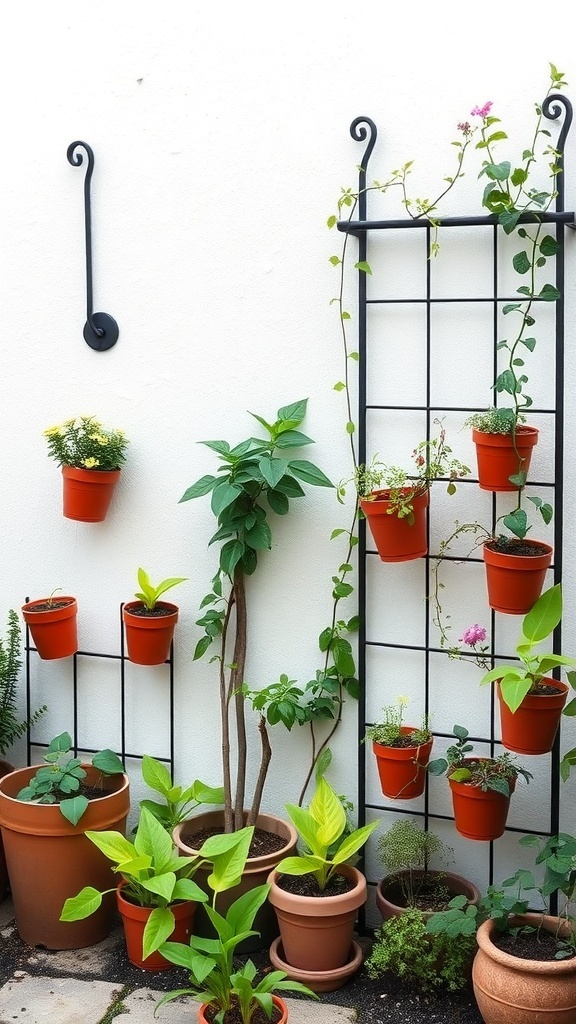 Vertical garden with pots on a wall-mounted frame, showcasing various plants.