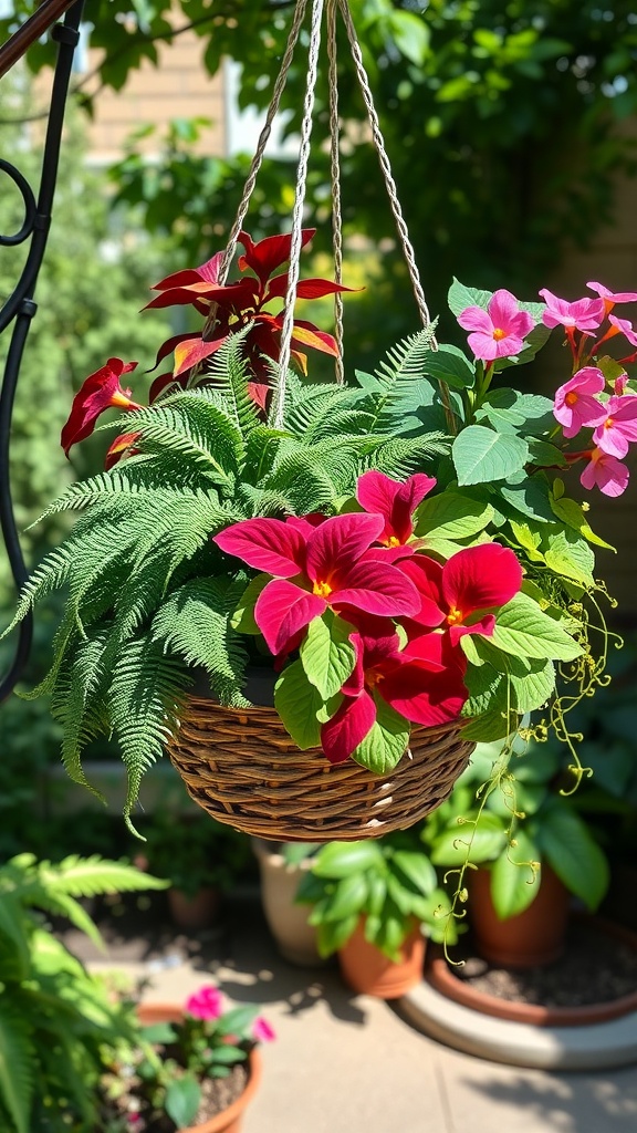 A hanging basket filled with red and pink flowers alongside green ferns.