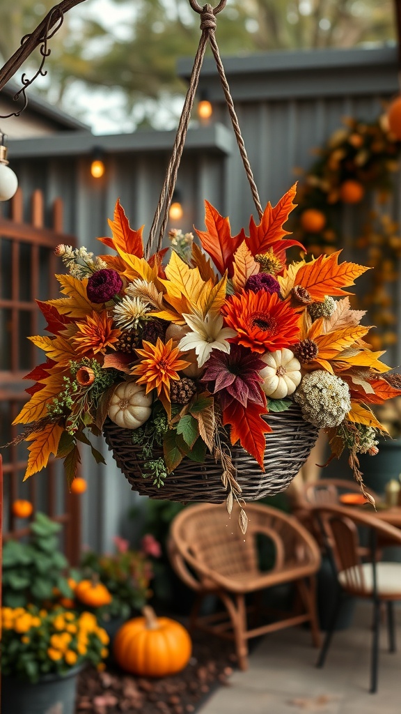 A hanging basket filled with colorful autumn leaves and small pumpkins.