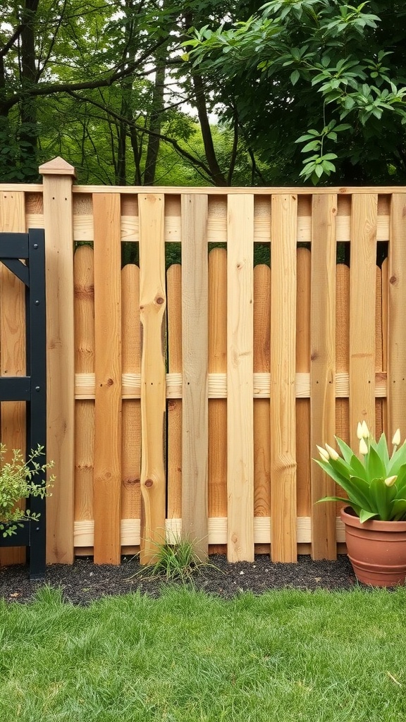 A rustic pallet fence made from varying shades of wood, surrounded by green grass and potted plants.