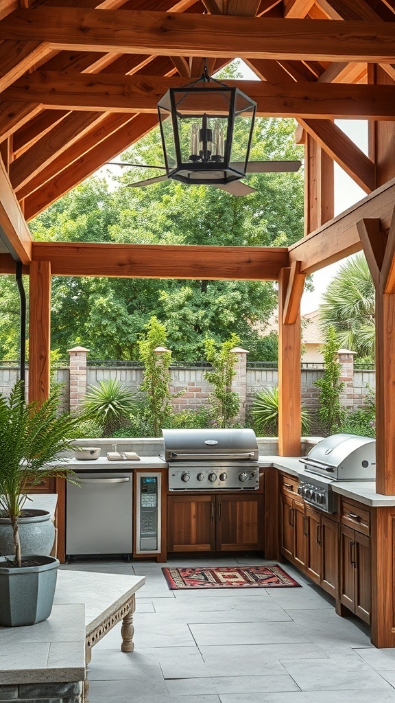 Rustic outdoor kitchen with natural wood beams and modern appliances