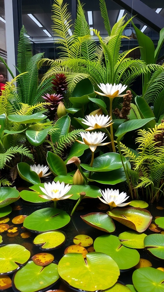 A vibrant indoor water garden featuring water lilies and lush ferns.