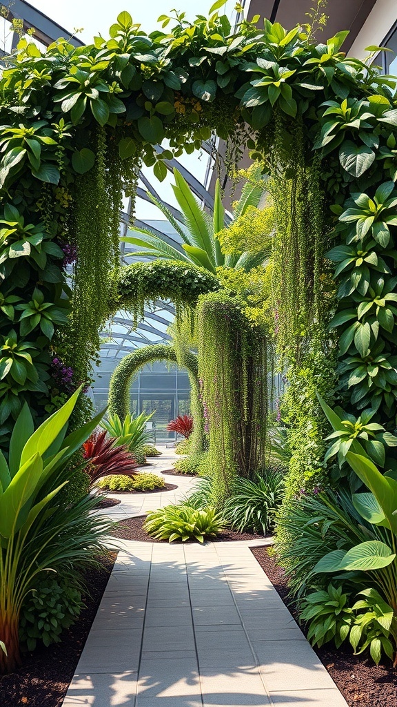 A lush vertical garden arch covered with various green plants, creating a natural tunnel effect.